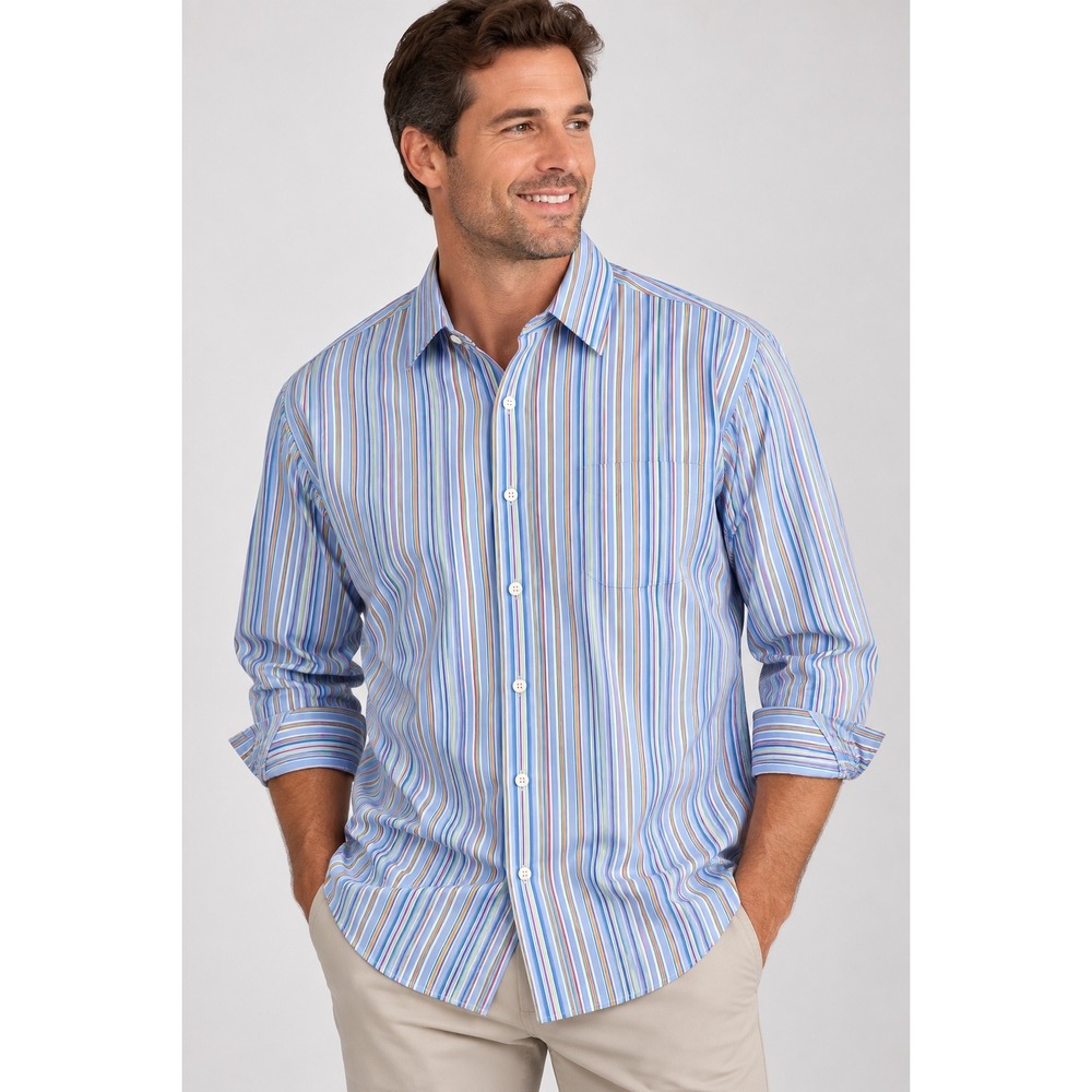 Cremieux Collection Mens Large Blue Multi Color Striped Cotton Button Down Shirt